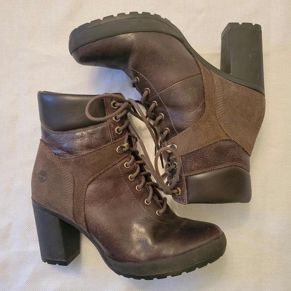 Timberland 8.5 Heeled Boot Brown Leather Suede Lace Up Block Heel GLANCY Earthy